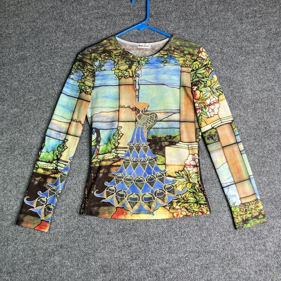 Vintage Y2K Wet Seal‎ Mesh Baby Top Large Studded Peacock All Over Print - Picture 1 of 8
